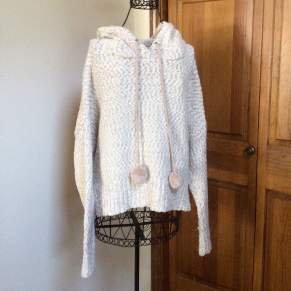 yet again Sweaters - YET AGAIN Hooded Popcorn Knit white/tan Sweater Cropped w/Pompom Ties, XL